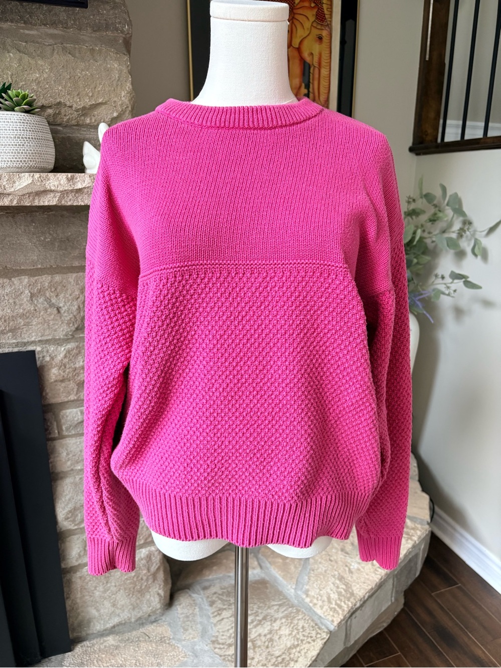 Eddie Bauer 90s/ Y2K Pink Textured Knit Cotton Crewneck Sweater XL